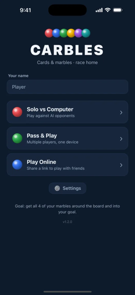 Carbles app home screen