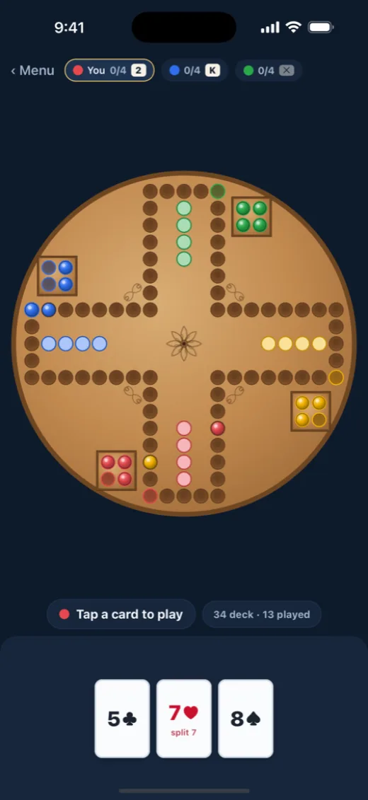 Carbles board mid-game — the classic marbles and cards race