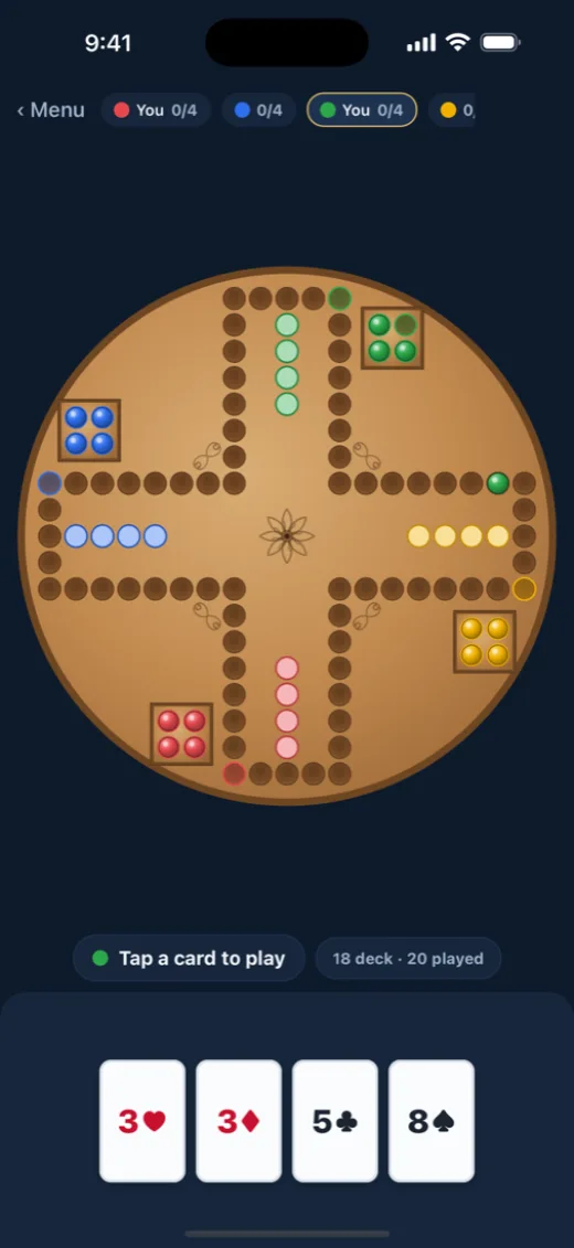 Two-player Carbles game on the classic four-color board
